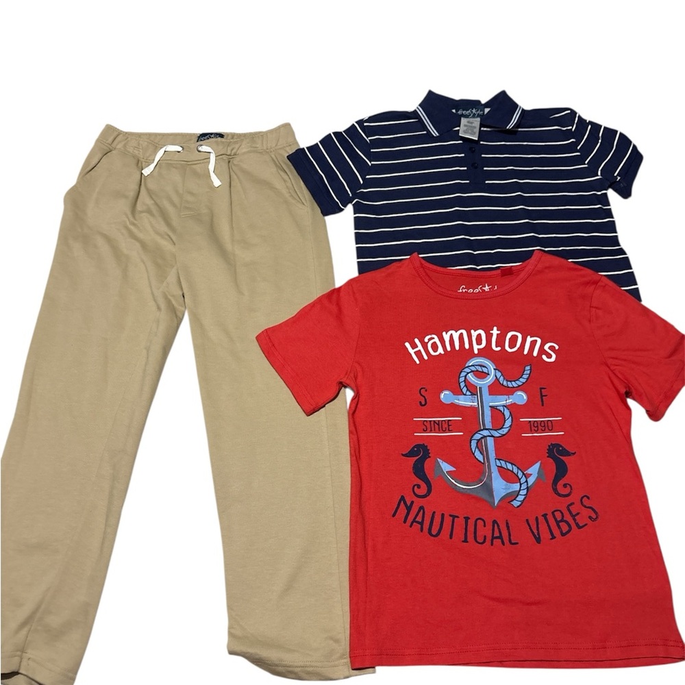 Free style Red Nautical Graphic Tee, Navy Striped Polo, and Tan Pants Set